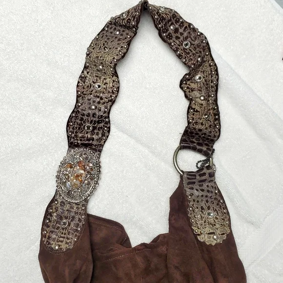 Leatherrock USA brown hobo suede purse with decorative strap. - Picture 5 of 5